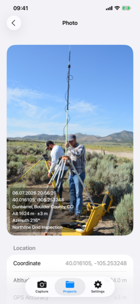 Terramark record detail: photo stamped with coordinates, address and azimuth